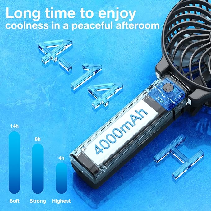 VersionTECH. Portable Handheld Fan, Powerful+Durable+4000mAh+180° Foldable, Mini Table Fans with USB Rechargeable Battery Operated Cooling Accessories for Personal Use, Travel, Office Black