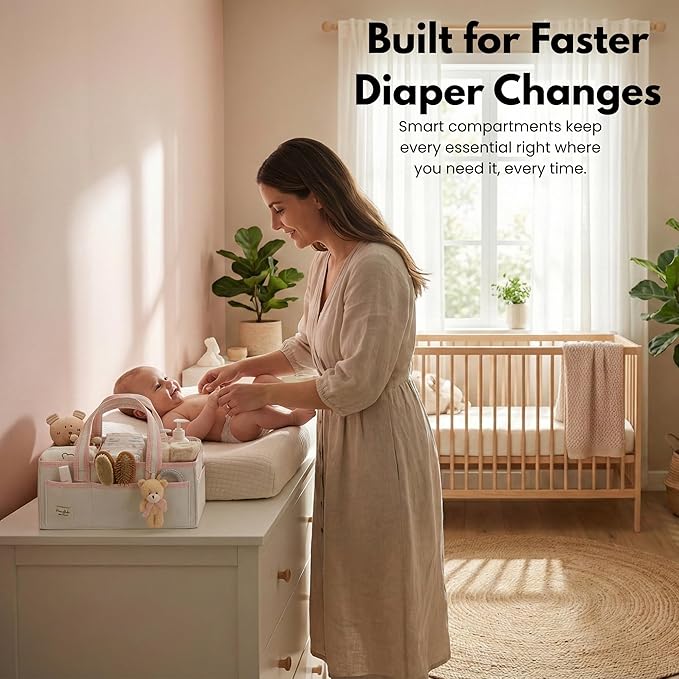 PeraBella Baby Diaper Caddy Organizer, Baby Basket Shower Gift Caddy, Portable Felt Changing Table Basket, Nursery Storage Bin, Newborn Boy and Girl Essentials for Registry, Car Diaper Organizer