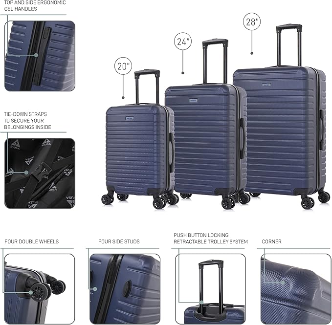 InUSA DEEP Luggage Set with Dual Spinner Wheels and Studs | Spacious Travel Suitcases with Ergonomic Handles | (20/24/28) 3 Piece Hardside Luggage Set | Blue
