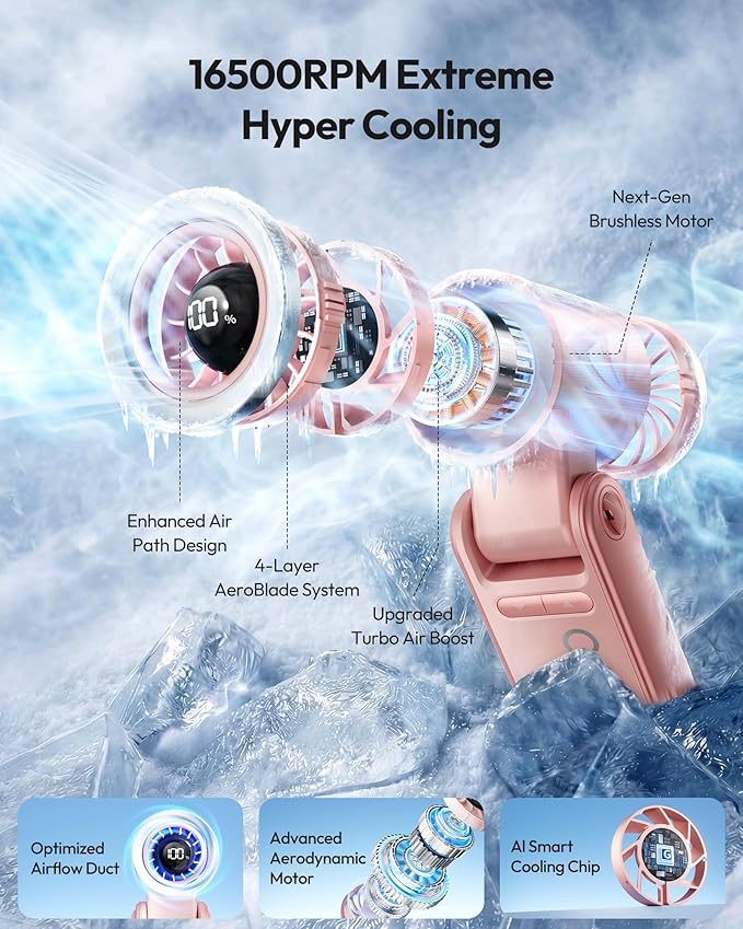 Gaiatop Portable Handheld Turbo Fan, 21 Hrs Cooling, 180° Foldable 4-in-1 Hand Held Fans, 6-Speed (1-100) Personal Mini Handheld Fans, Small Portable Fan for Travel, Working, Outdoor Women Gifts, Pink