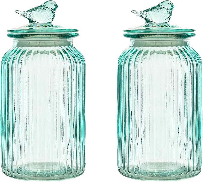10 Strawberry Street Textured Glass Bird Canister, Ribbed Round, Blue, Set of 2
