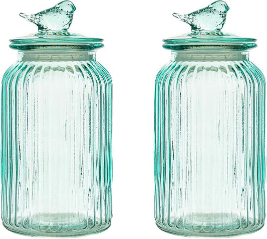 10 Strawberry Street Textured Glass Bird Canister, Ribbed Round, Blue, Set of 2