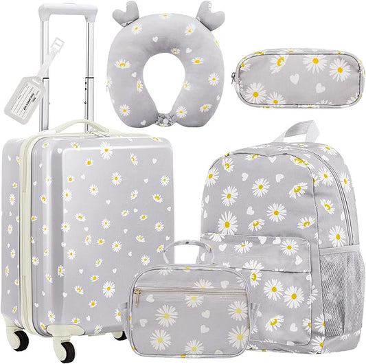 Redbaker 17 Inch 6 Pcs Kids Luggage Set Kids Rolling Luggage Double Pattern Suitcase for Boys Girls (Grey, Daisy Style)