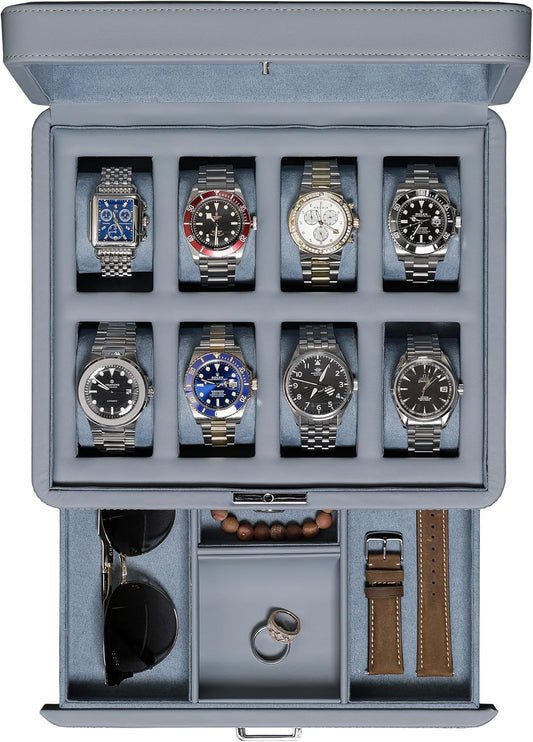 ROTHWELL 8 Slot Leather Watch Box with Drawer - Luxury Case Display Jewelry Organizer, Locking Display Case Holder with Real Glass Top - Watch Box Organizer for Men & Women (Artic Mist)