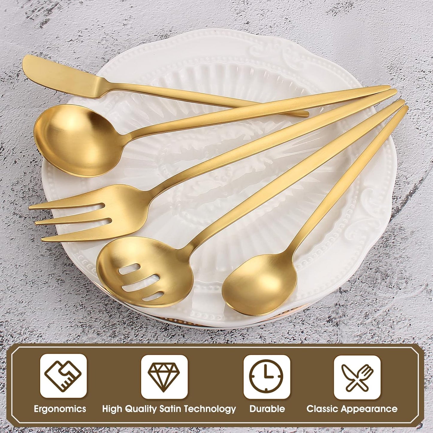 Matte Gold Serving Silverware Set, 5-Piece Round Shared Utensils Set of Stainless Steel, Hostess Flatware Serving Set, Satin Finish, Dishwasher Safe