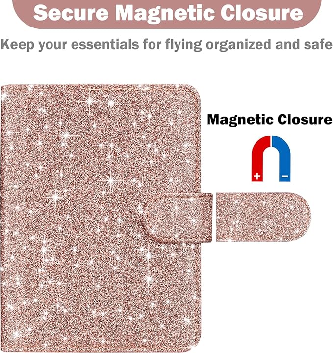 HOTCOOL Passport Holder Travel Essentials Airplane & Cruise Essentials Ship Leather Wallet Cover Case RFID Blocking Women & Men Vacation Travel Accessories Gifts Deals, Glitter - Rose Gold