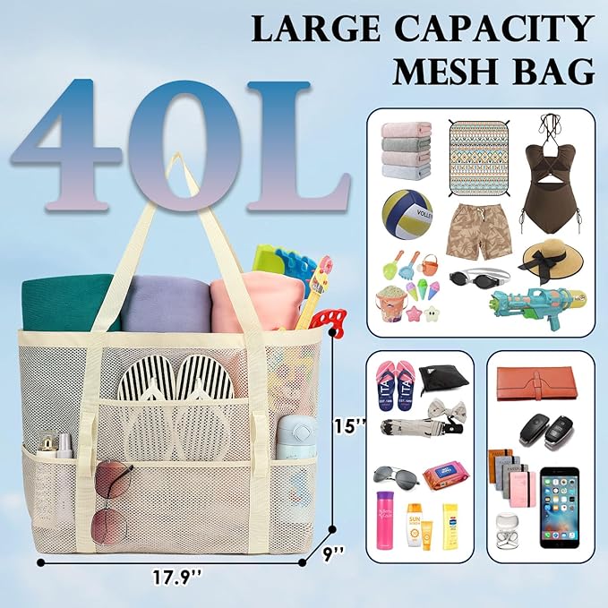 Mesh Beach Bag, Large Beach Tote with Zipper Pocket, Toys Pool Bag for Family Travel Vacation Cruise Essentials