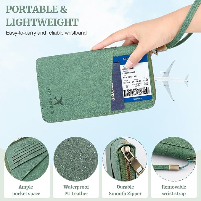 Family Passport Holder Wallet with Zipper, RFID Blocking Travel Document Organizer for Women Men, Portable Case Cover for Cards, Boarding Pass, ID, Money, Tickets with Wrist/Neck Strap