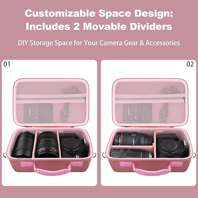 khanka Camera Case for Canon EOS Rebel T7/T100/T6/R50/R100/R5/R7/R8/R6 Mark II/SL3 DSLR Camera,Travel Protective Carrying Case for Canon EOS Rebel Camera and 18-55mm/18-45mm Lens(Pink Case Only)