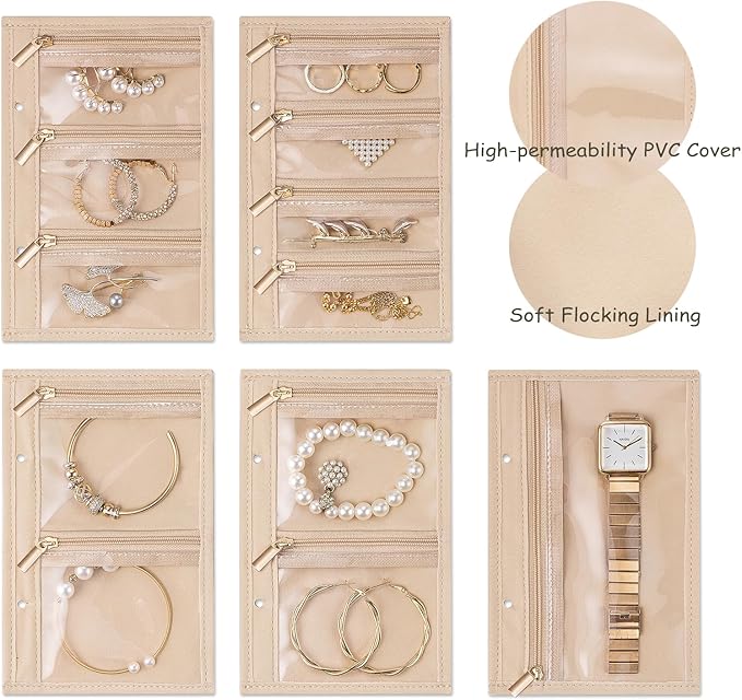 Vlando Jewelry Book Organizer - Leather Travel Jewelry Case with 5 Detachable Pages for Necklaces, Rings, Earrings, Tangle-Free, Giftable,Seashell Pink