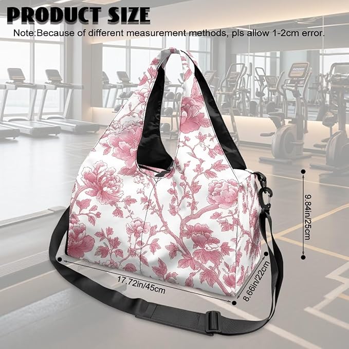 Pink Floral Gym Bag with Yoga Mat Holder and Shoe Compartment, Extra Large Vintage Flower Overnight Bag with Wet Pocket, Adjustable Shoulder Strap Fitness Sport Tote Bag