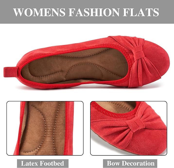 Ecetana Womens Flats Shoes Dressy: Round Toe Bowknot Suede Foldable Ballet Flats Comfortable Casual Slip On Loafers