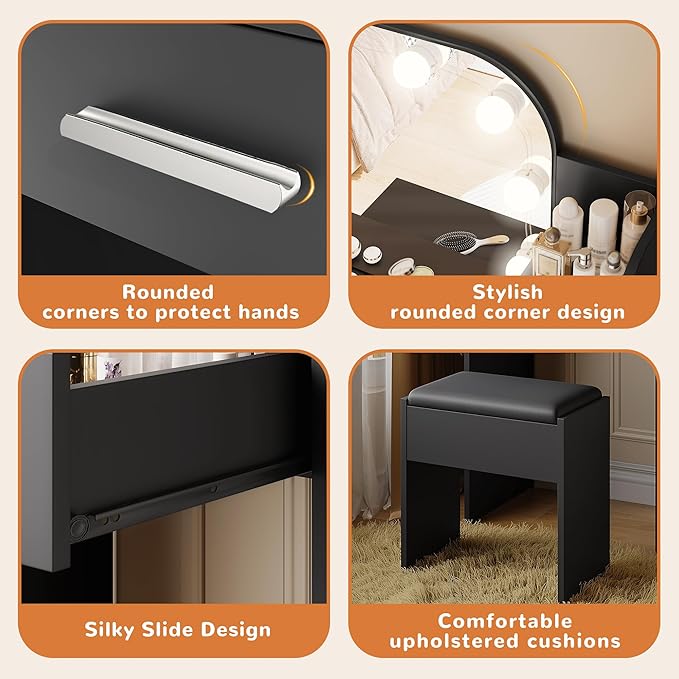 wanan Makeup Vanity with Chair, Small Vanity Desk with Mirror and Lights 3 Colors, Girls Vanity Set with Power Outlet, Compact Vanity Table for Small Space, Black