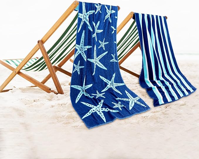 CASA COPENHAGEN Miami Towel 2Pcs Starfish Navy - Navy Stripe Designer Stripe Beach Towels Gift Set, 35"x70" Oversized 100% Cotton Pool Bath Towel for Beach Gift Set (Summer Gift Set for Women & Men)