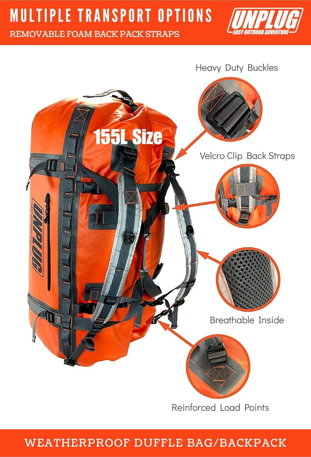 UNPLUG Ultimate Adventure Bag | 1680D Heavy Duty Waterproof Bag | Large Travel Duffle Bag which can be Used for Camping, Motorcycling, Boating, or Hunting (65L Adventure Orange)