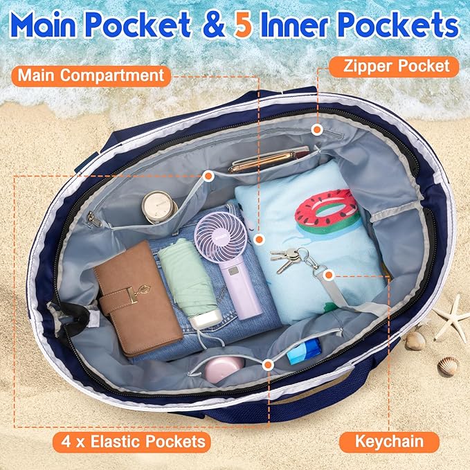 BKNOOU Extra Large Beach Bags Waterproof Sandproof XL Beach Tote Bag for Women Zipper Foldable Swim Pool Bag with Wet Pocket