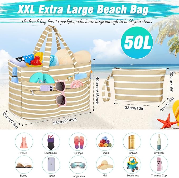 HUANLANG Extra Large Beach Bag Waterproof Beach Totes Bags for Women Men,Pool Bag with Zipper Wet Pocket