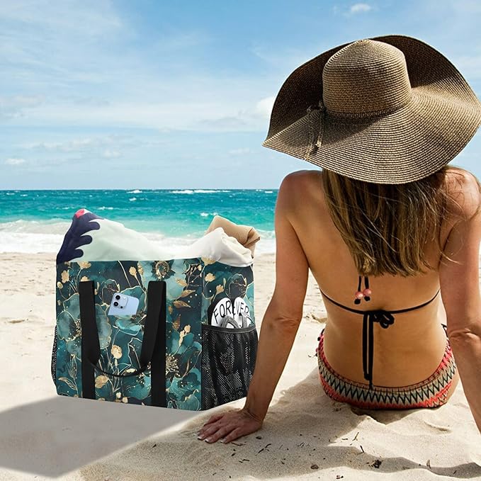 Bolaz Travel Tote Bag，Gym Bag for Men,Waterproof Beach Bag for Women Foldable Reusable-Watercolor Flower Green Gold Pattern