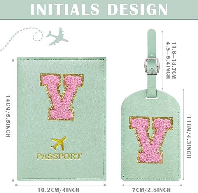 COSHAYSOO Initial Passport Cover Luggage Tag Set Letter Passport Holder Airplane Cruise Travel Essentials Vacation Traveling Accessories Personalized Gifts for Women Teen College Girls Teal V