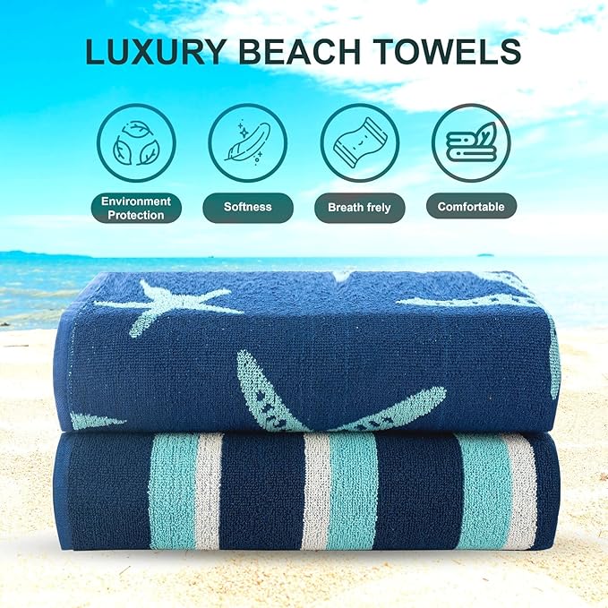 CASA COPENHAGEN Miami Towel 2Pcs Starfish Navy - Navy Stripe Designer Stripe Beach Towels Gift Set, 35"x70" Oversized 100% Cotton Pool Bath Towel for Beach Gift Set (Summer Gift Set for Women & Men)