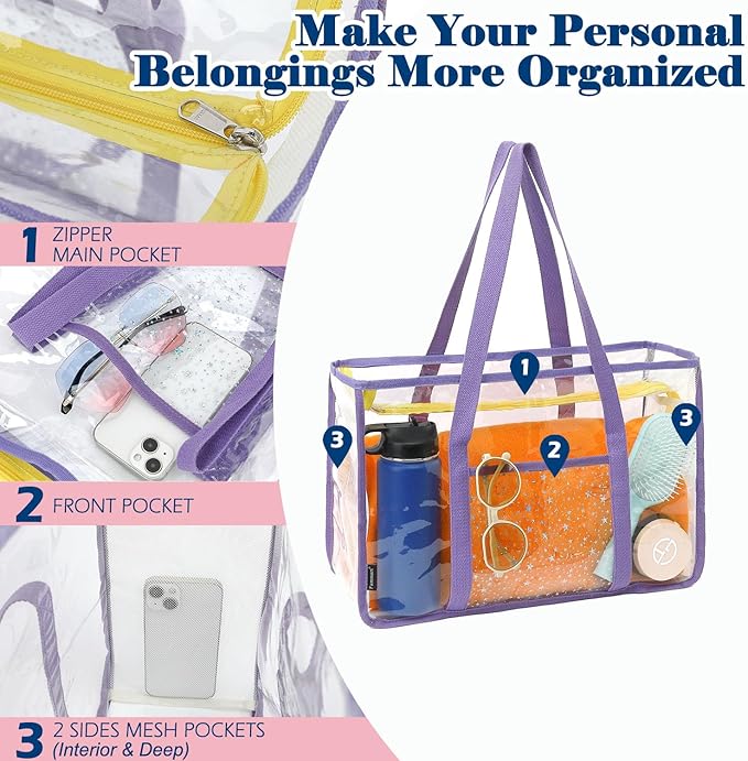 Clear Beach Bag for Women, Large Pool Tote Cruise Vacation Essentials - Zipper Closure, Waterproof, Sandproof