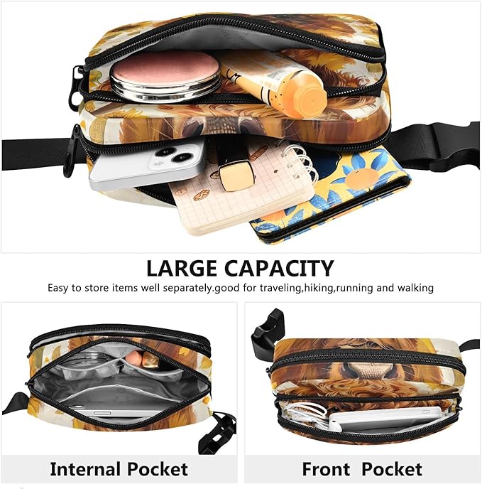 Highland Cow Sunflowers Fanny Pack for Women Men Water Resistant Fashion Waist Packs with Adjustable Strap Belt Bag for Travel Workout Jogging Hiking 21220113