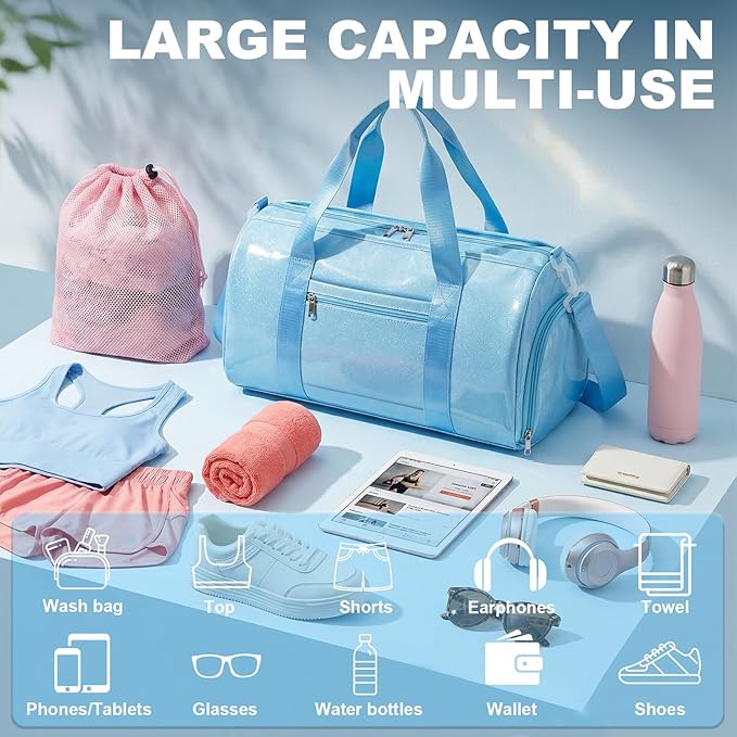 Gym Bag Sports Duffle Bag with Wet Pocket Weekender Overnight Bags with Waterproof Shoe Pouch and Air Hole for Girls Kids Women Workout Travel Bags (Blue)