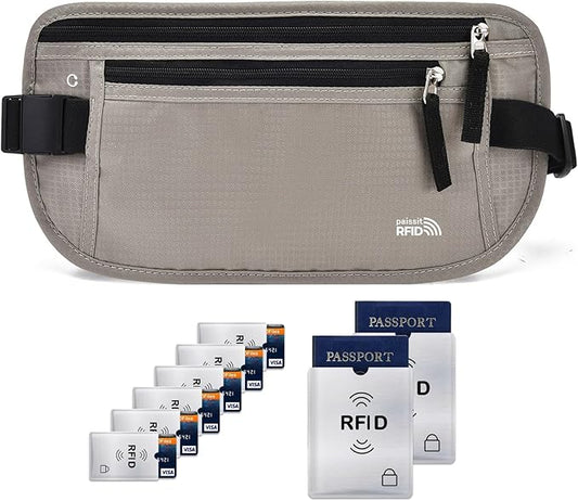 Unisex Money Belt with RFID Blocking Sleeves, Slim Passport Holder RFID Blocking Travel Essentials, Waist Pouch to Protect Cash, Light Grey & 6 Sleeves