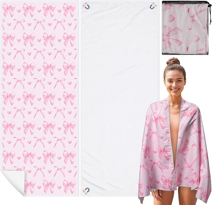 Coquette Pink Bow Magnetic Beach Towel - 75"x30" Sand Free Quick Dry Microfiber Towel with Built-in Magnets Lightweight for Beach Chair Car Door Pool Travel Camping Yoga with Storage Bag