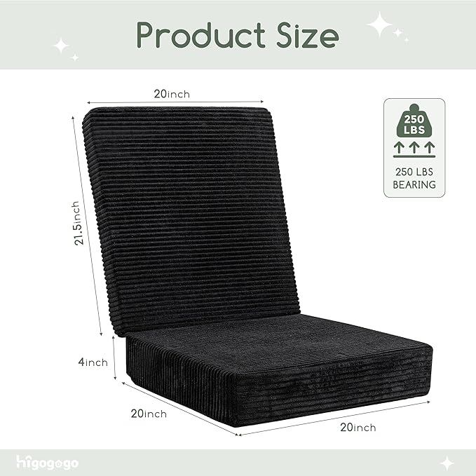 HIGOGOGO Corduroy Recliner Chair Cushion with Lumbar Support Pillow Soft Non-Slip 4" Thick Seat Pad Prevent Buttocks & Back Pain in Seniors (Black, 21" Backrest)