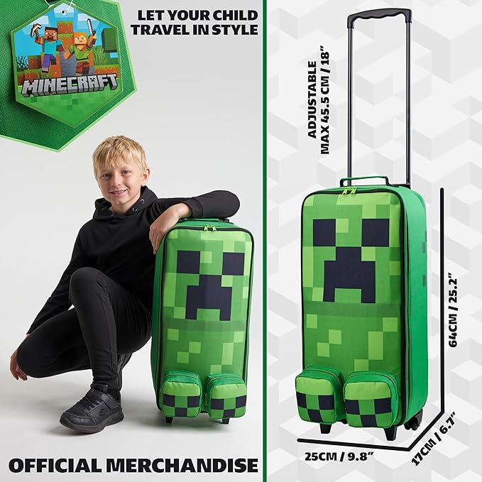 Minecraft Kids Luggage with Wheels Foldable Rolling Suitcase Creeper Travel Bag Vacation Weekend Trips Travel Essentials (L25.2inch x W9.8inch - 17L, Green)