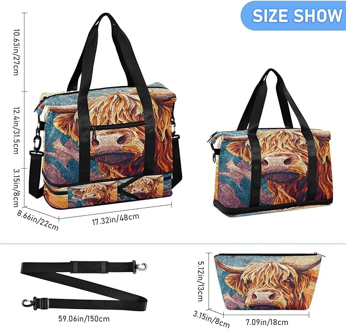 Travel Duffel Bags for Women Colorful Mosaic Cow Print Sports Duffel Bags Gym Bags with Shoes Compartment Tote Bag Weekender Bag for Travelling