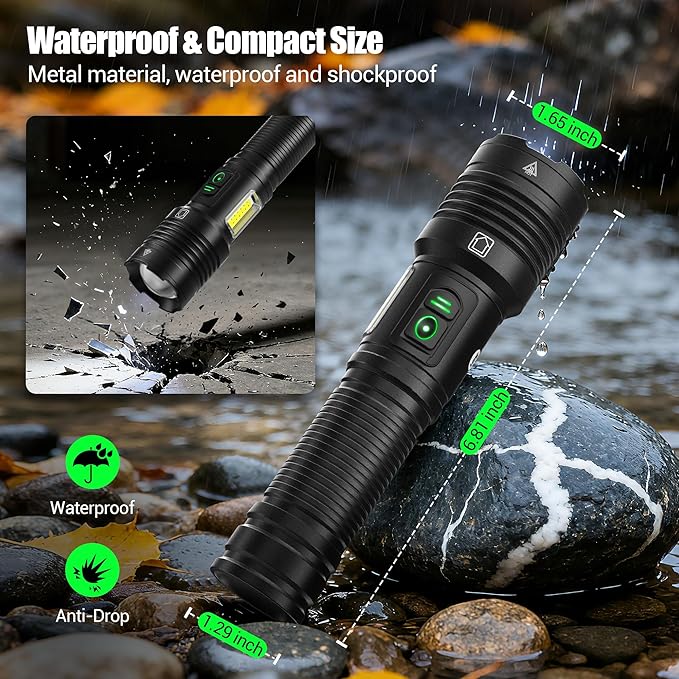 Rechargeable Flashlights High Lumens 100000 with Side Light - 2 Pack, Super Bright 30W LED, Dual Source Light Buttons, Long Lasting 15H, Quick USB C Charge, Handheld 6.81” Length, for Hiking Home Gift