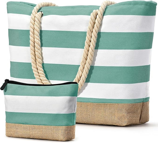 Becokan Beach Bag Initial Beach Tote with Makeup Bag for Travel Work Storage Personalized Birthday Gifts for Women Her