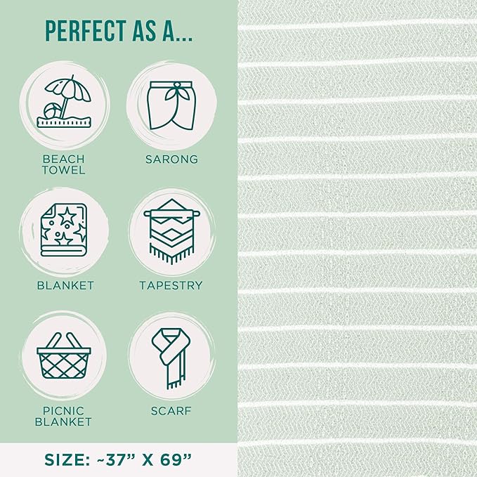 Sand Cloud Turkish Beach Towel - Sand Proof - 100% Certified Organic Turkish Towel - Quick Dry Towel for Beach, Picnic, Blanket or Bath Towel - As Seen on Shark Tank - Gocek (Sage Green) (Pack of 2)