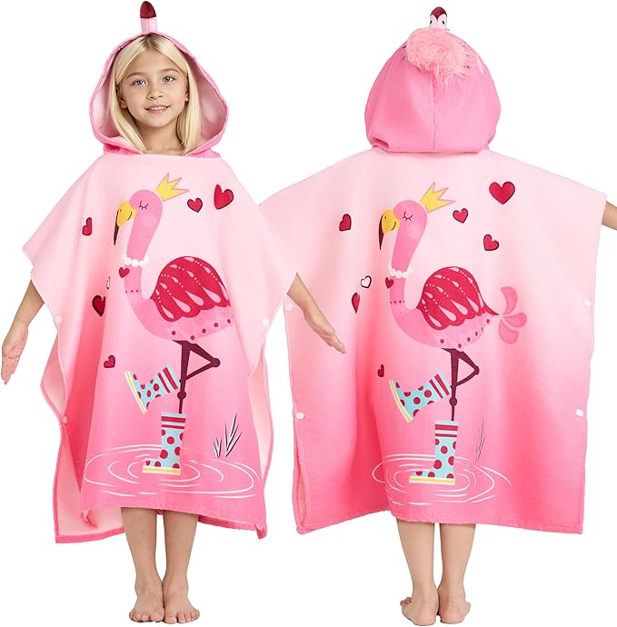 Joiedomi Kids Beach Towels with Hood for Girls Flamingo Hooded Toddler Bath Towel Quick Dry Soft Microfiber 30"x30"