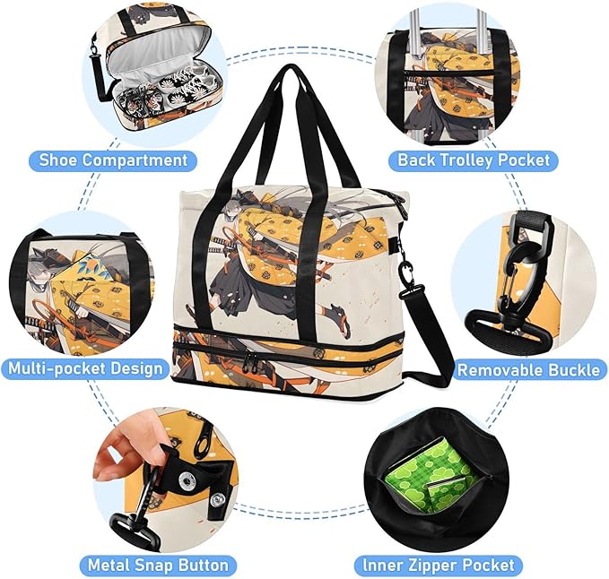 AIXIWAWA Duffel Bag Set for Gym Travel with Shoes Compartment Toiletry Bag Anime Samurai Print