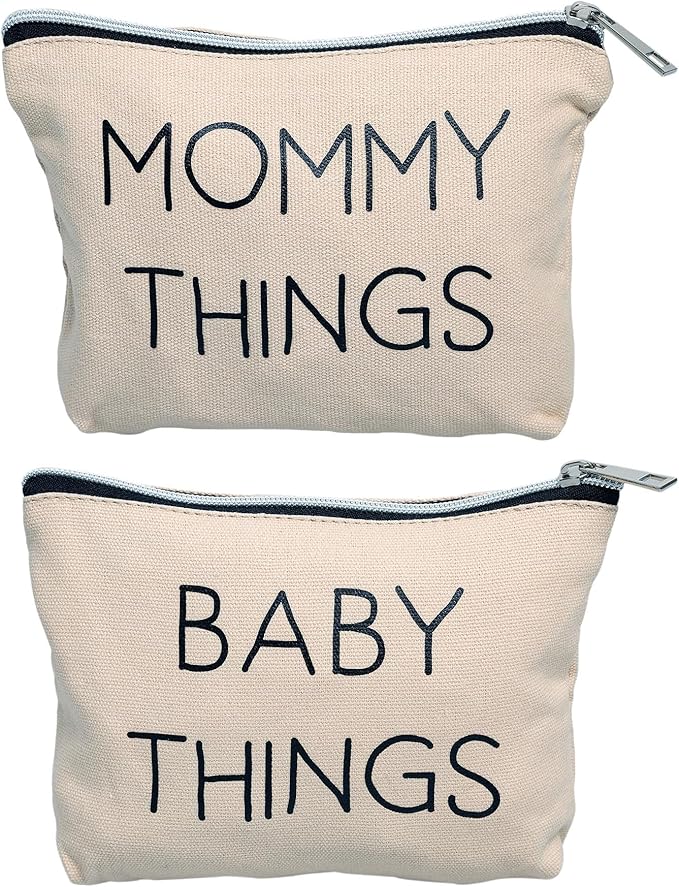 Pearhead Mommy and Baby Things Pouch Set, Canvas Zipper Organizer Bags for Diaper Bag and Travel, Cosmetic and Makeup Bag for Mom