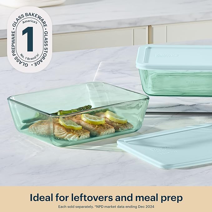 Pyrex Colors Tinted (11 Cup) Tinted Glass Large Rectangular Food Storage Container, Snug Fit Non-Toxic Plastic BPA-Free Lids, Freezer Dishwasher Microwave Safe, Aqua