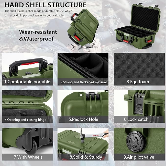Waterproof Rolling Camera Hard Case 22x14x9 Inch, Impact-resistant Travel Case with Padded Dividers & Wheels for Cameras, Lenses & Accessories(Military Green)
