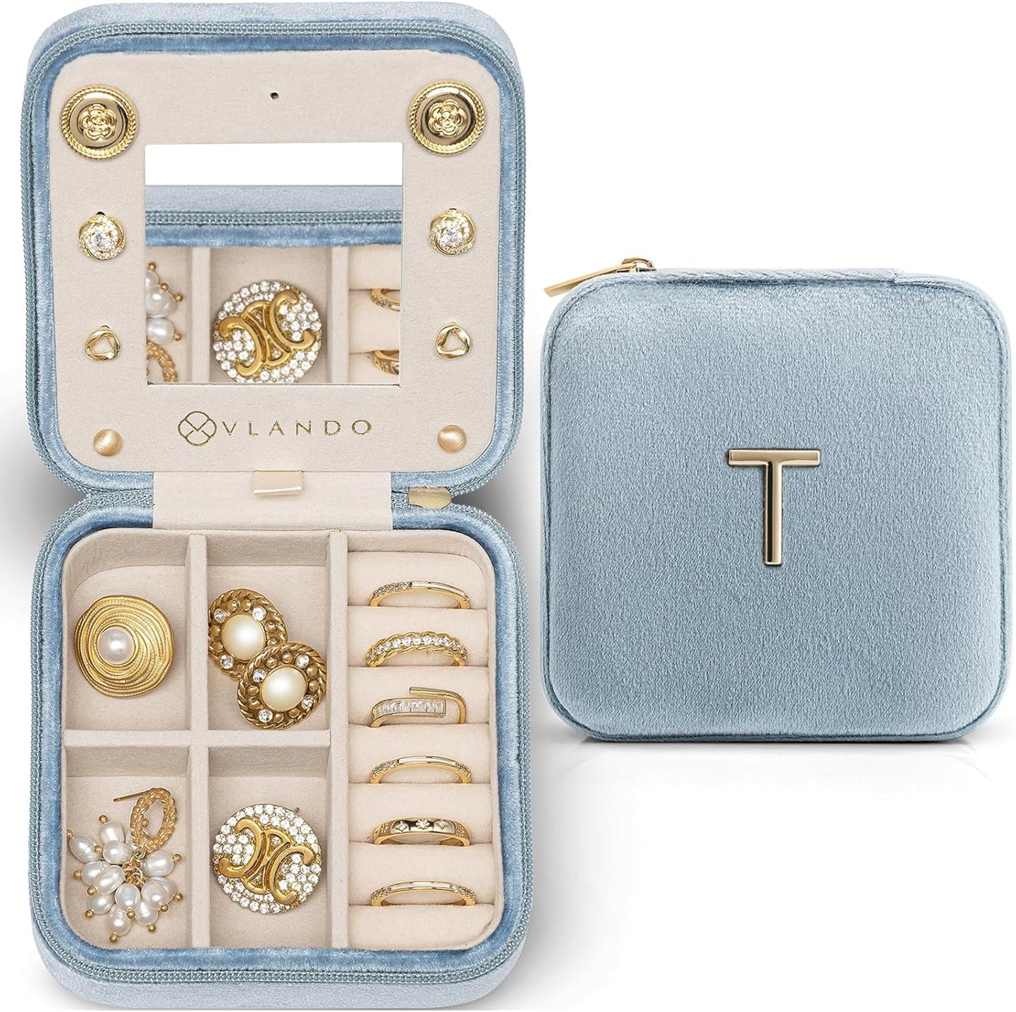 Vlando Mom Gifts for Women, Travel Jewelry Case for Mother Gifts, Travel Gifts for Mother Mom from Daughters, Travel Essentials Small Jewelry Box, Jewelry Travel Organizer - Letter T, Blue
