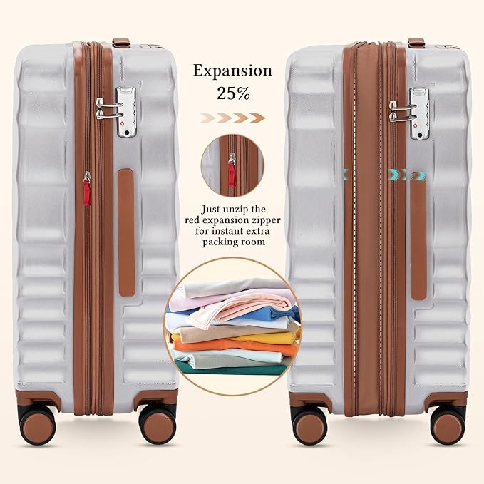 5 Piece Luggage Set Expandable Suitcase 22x14x9 Airline Approved Carry on, ABS Hard Case Suitcases with Spinner Wheels, TSA Lock (Silver)