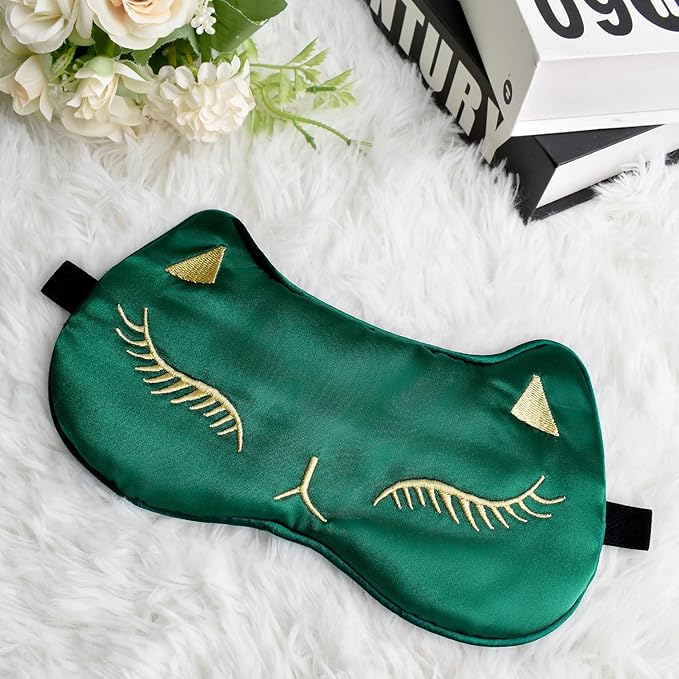 Cute Cat Silk Sleep Mask Adjustable Eye Mask Sleeping Mask Eye Cover Soft Satin Blindfold Eye Shade for Girls Women Men Travel Nap - Green