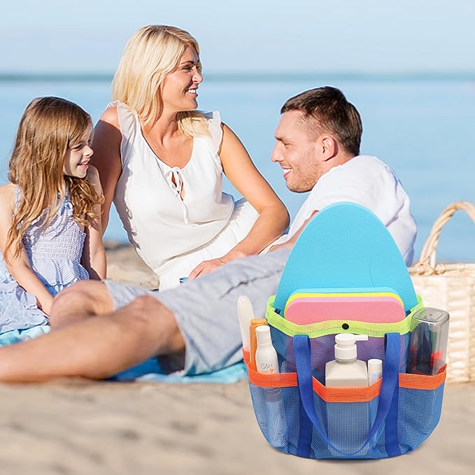 Mesh Beach Bag, Foldable Waterproof Sandproof Beach Storage Tote with 6 Pockets, Swim Tropical Vacation Pool Essential