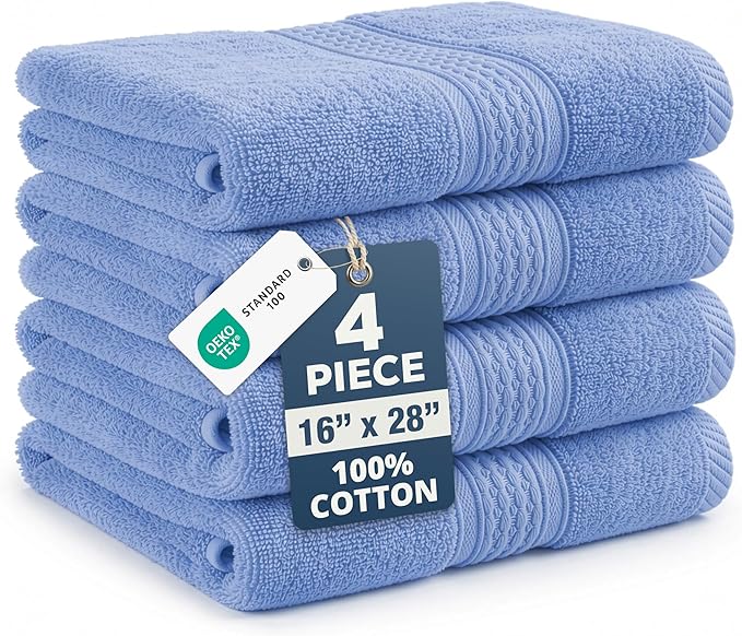 LANE LINEN Bath Hand Towels for Bathroom - Pack of 4 (16" x 28"), 100% Cotton Hand Towel - Soft, Durable, Quick Dry & Highly Absorbent - Hotel Quality Face Towels for Salons & Home Use - Cerulean Blue
