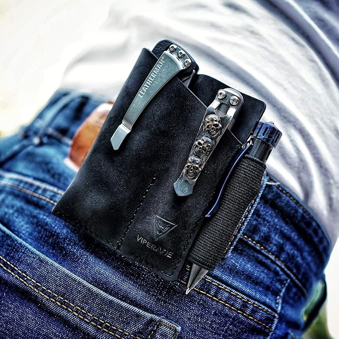 VIPERADE PJ12 Leather EDC Pocket Organizer for Belt, Multitool and Flashlight Holster, Leather EDC Holster with Pen Loop, EDC Leather Knife Sheath with Belt Clip
