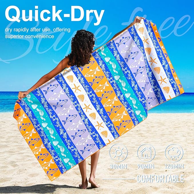 4 Packs Lightweight Thin Microfiber Beach Towel Oversized Quick Dry Compact Sandproof Clearance Towels Sand Free Camping Swimming Easy Pack Travel Accessories Starfish Small Fish Turtles Flamingos