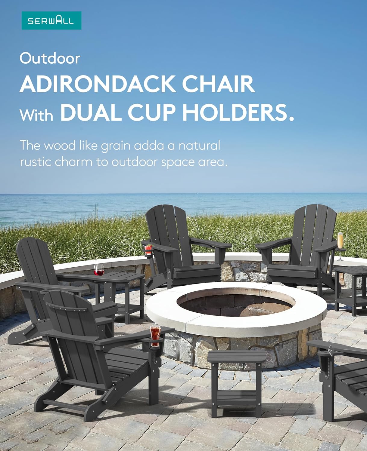 SERWALL Foldable Adirondack Chair Set of 6, HDPE Adirondack Chair with Wood-Texture-Gray