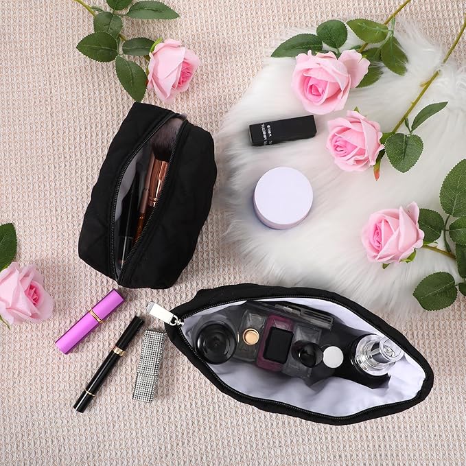 2 Pc Makeup Bag Set Cute Quilted Cosmetic Pouch for Women Travel Toiletry Bag Preppy Small Makeup Purse Pouch Skincare Brushes Storage Organizer Pencil Case Set (Knitted,Quilted,Black)
