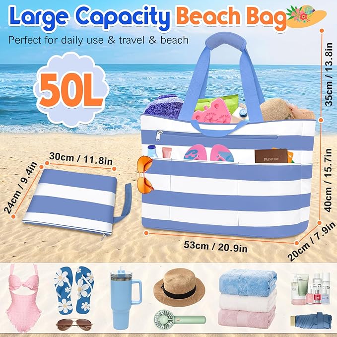 BKNOOU Extra Large Beach Bags Waterproof Sandproof XL Beach Tote Bag for Women Zipper Foldable Swim Pool Bag with Wet Pocket